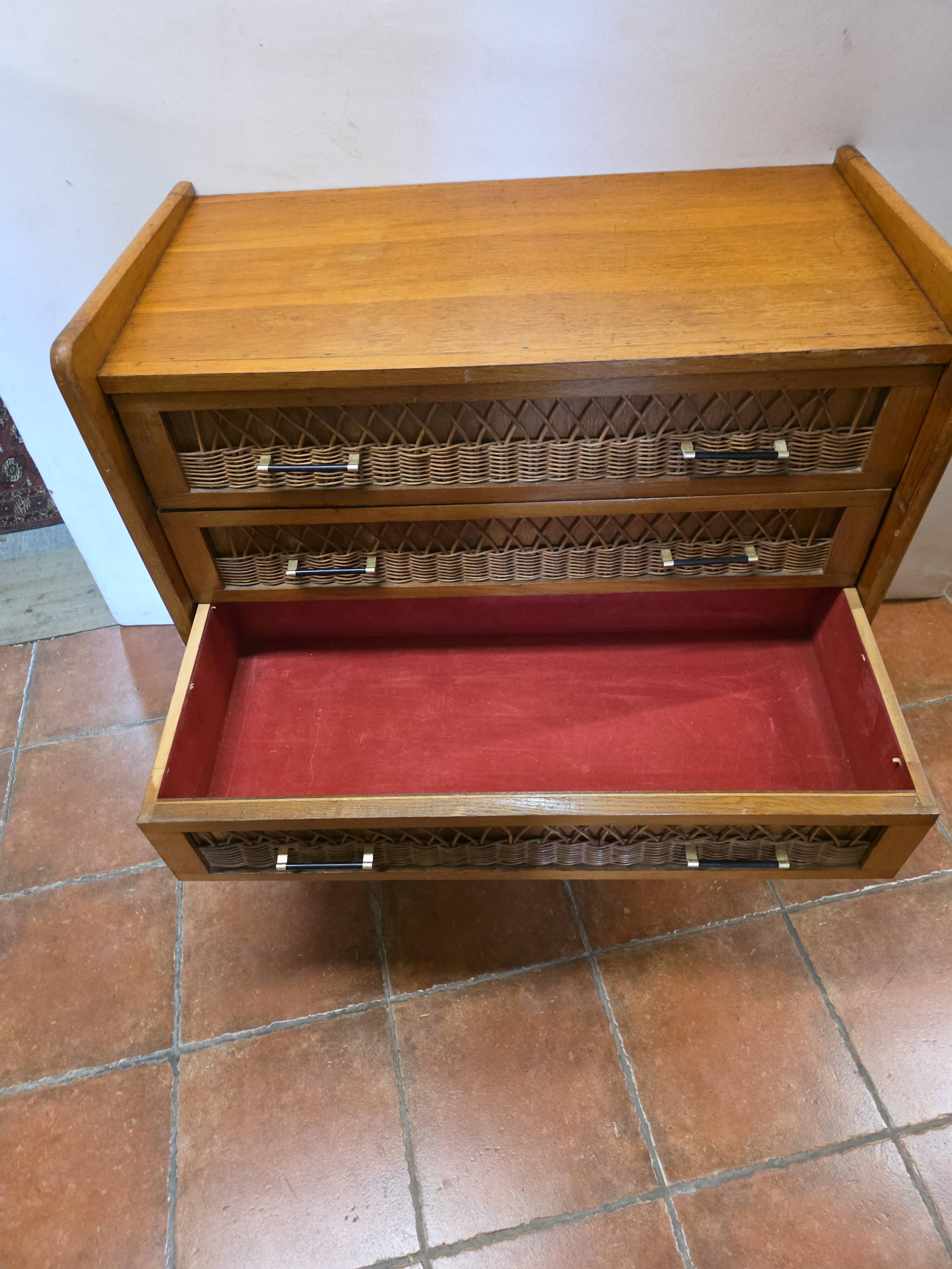 Commode vintage rotin et chêne des années 60