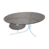 Table basse ovale avec pieds en métal et plateau en verre fumé, années 1990