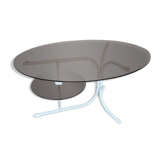 Table basse ovale avec pieds en métal et plateau en verre fumé, années 1990