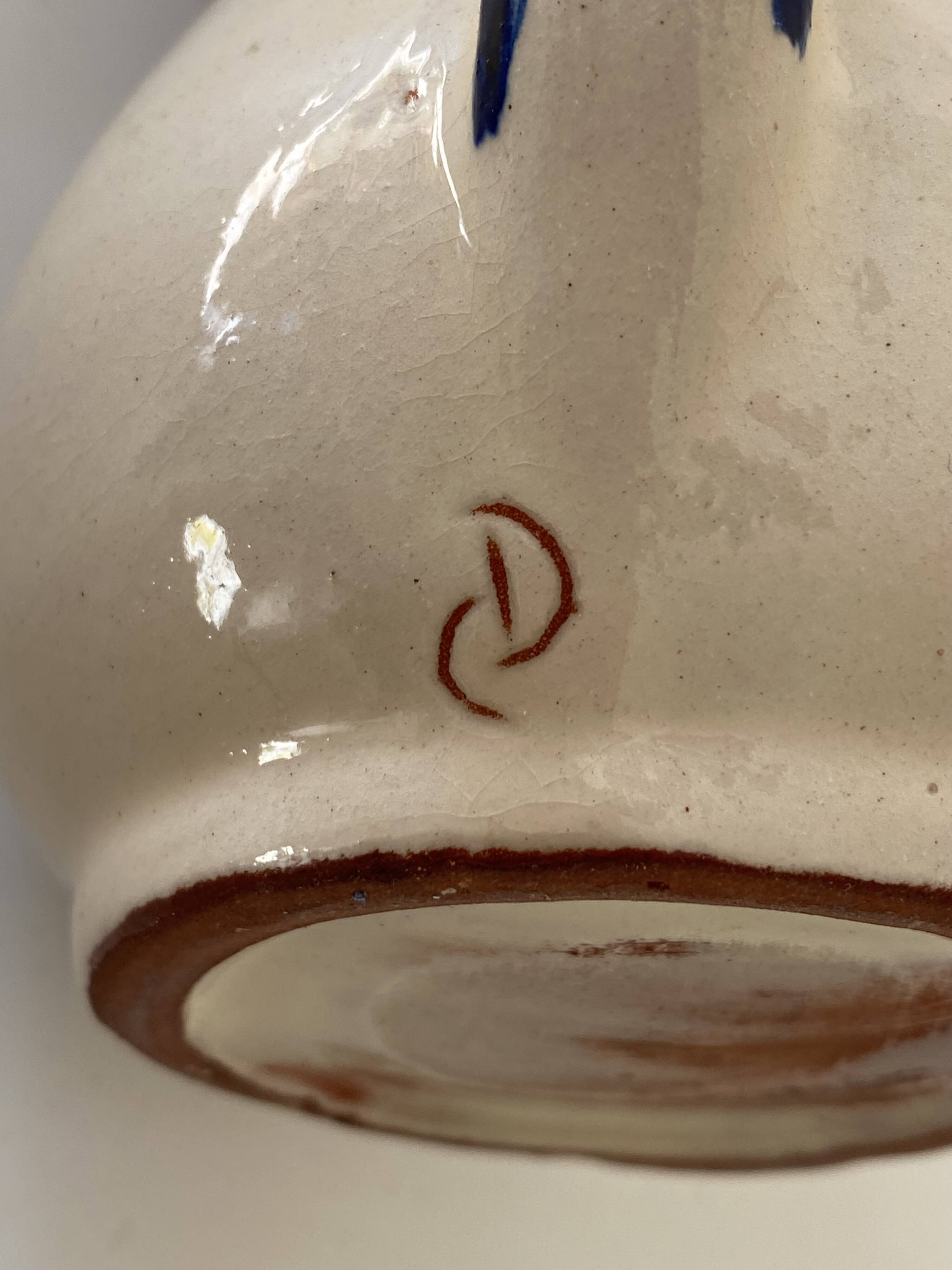 Handcrafted ceramic pitcher and bowl signed – blue decor – vintage tableware