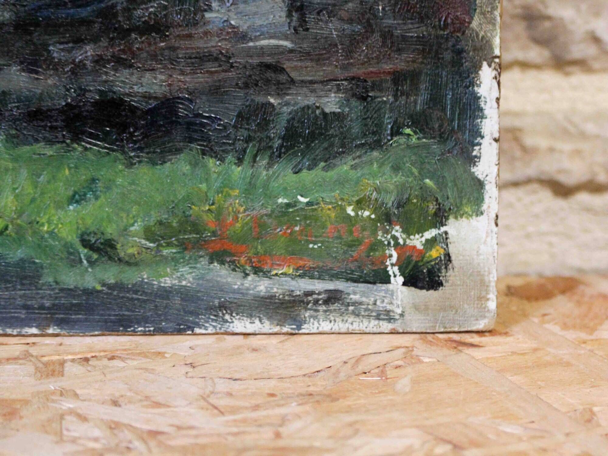 Oil on cardboard signed - View of a village