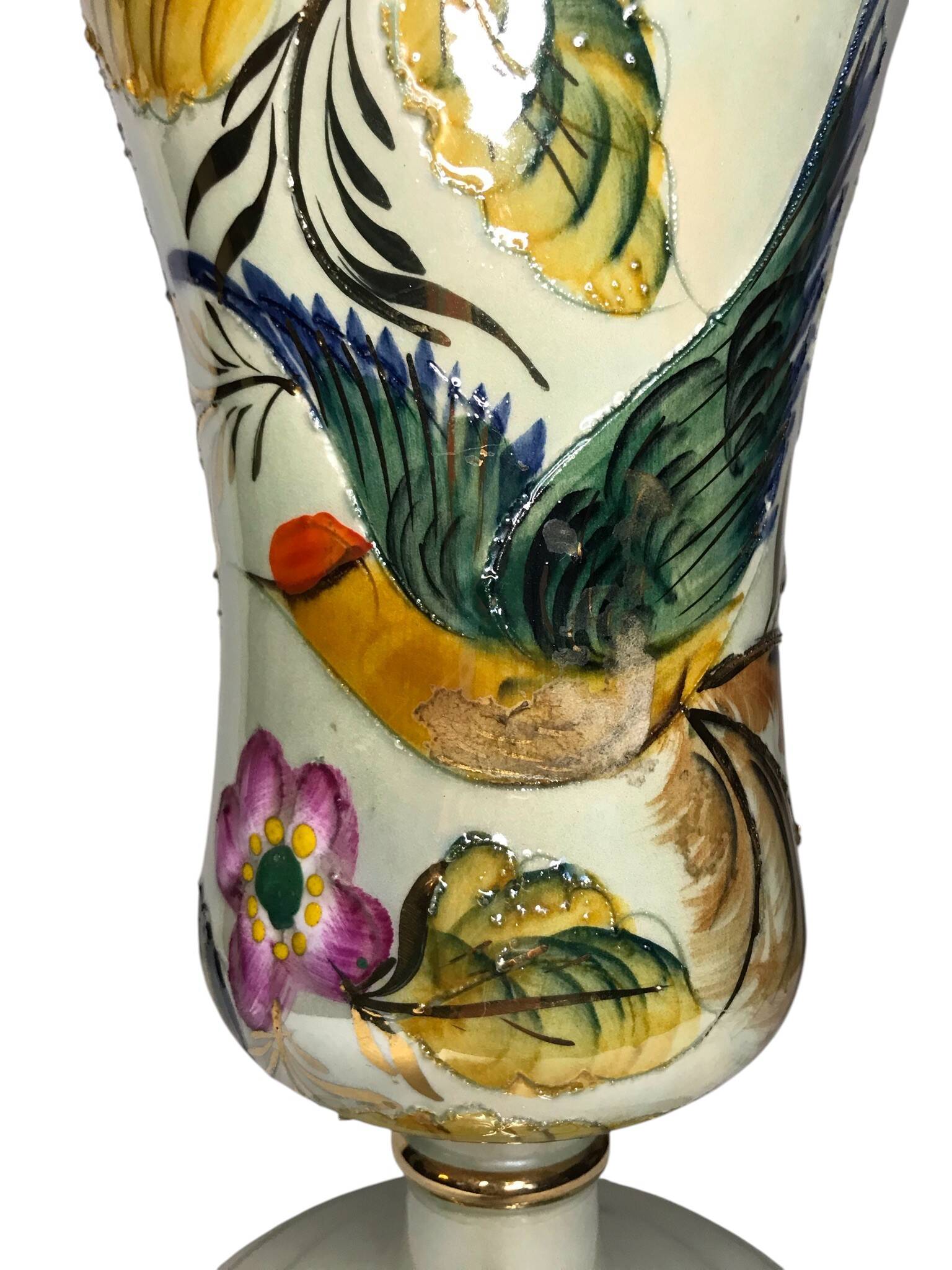 Bequet Quaregnon, pedestal vase with bird decoration circa 1950