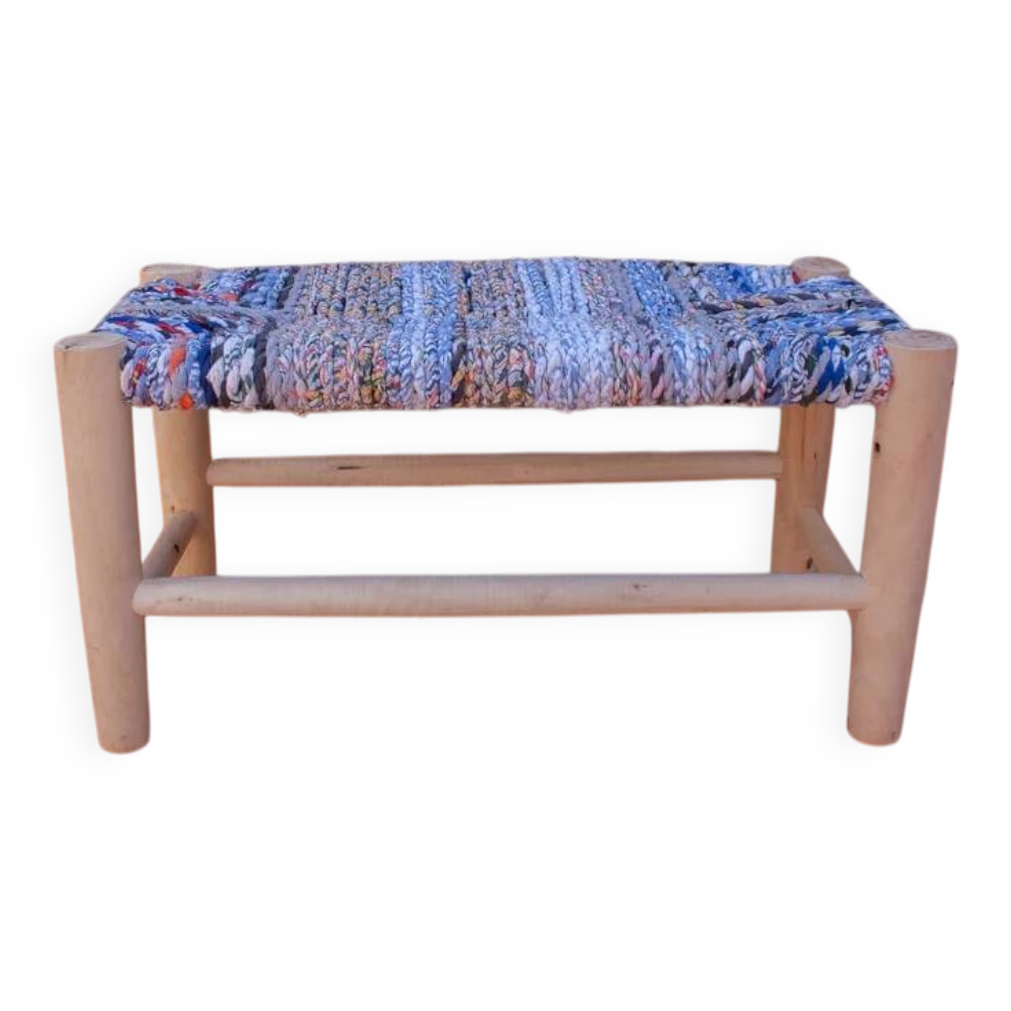 Blue woven and wood bench stool