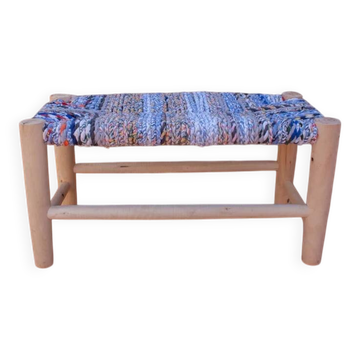Tabouret banc bleu tressé et bois