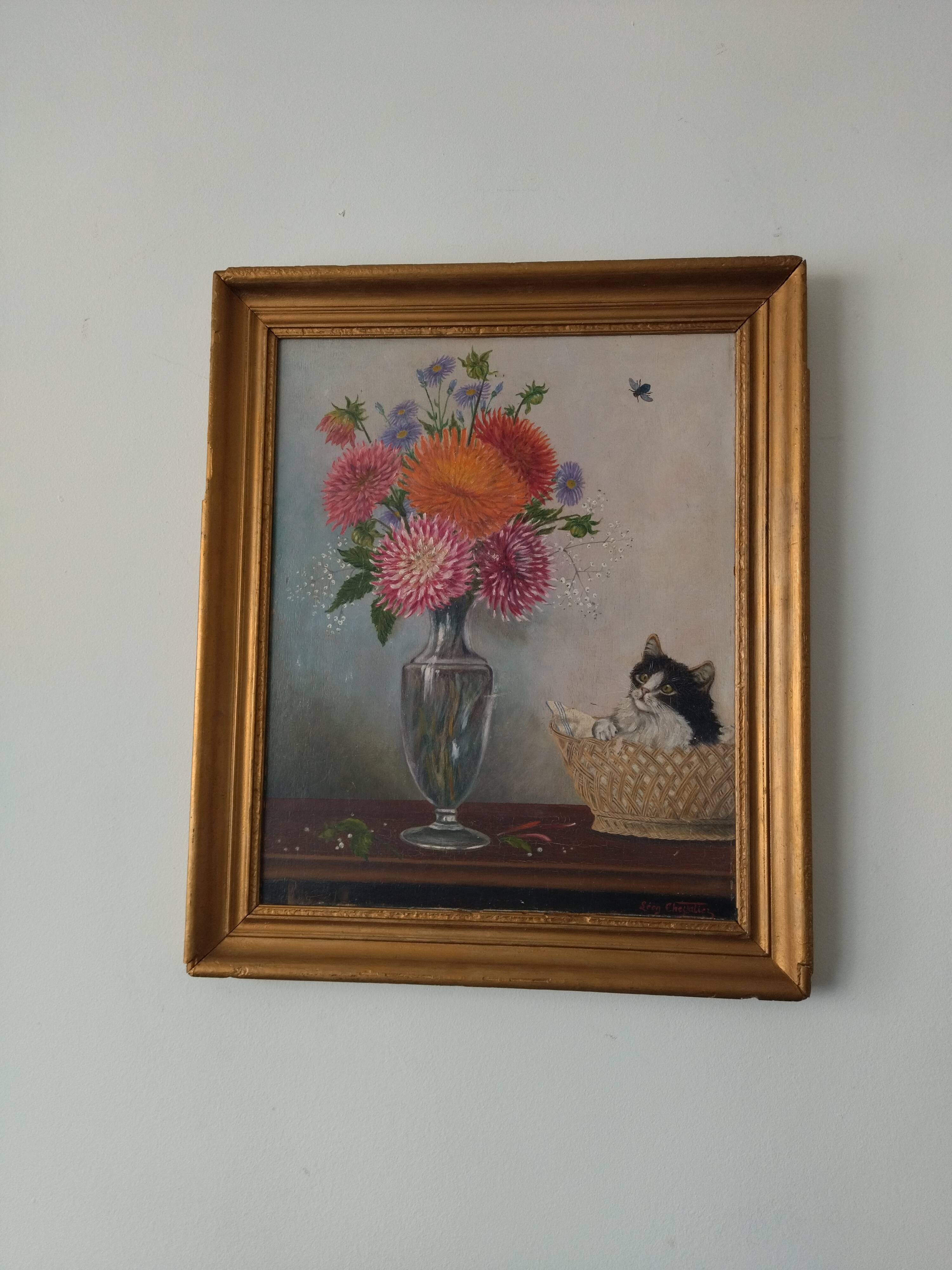 Old panel painting - Kitten and Flowers - Signed Léon Chevalier