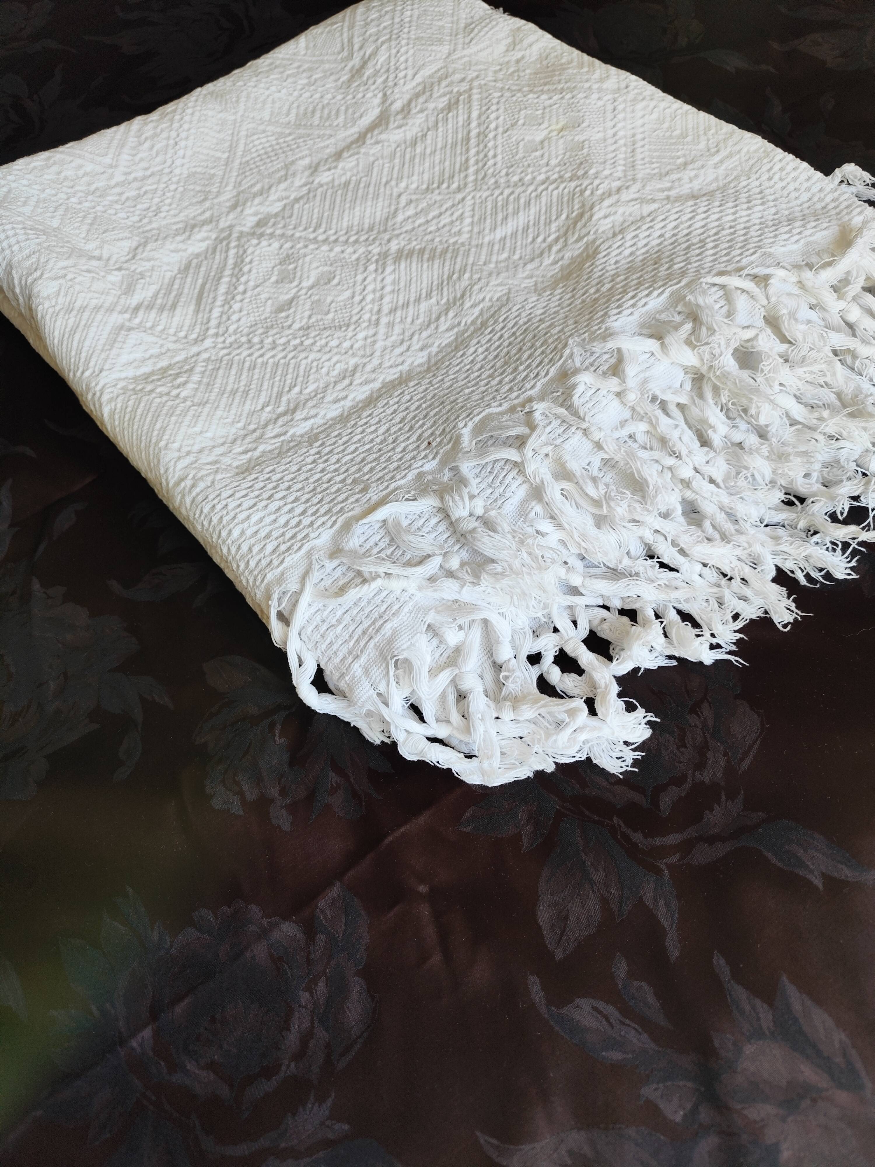 White cotton bedspread, vintage woven cotton bed throw.