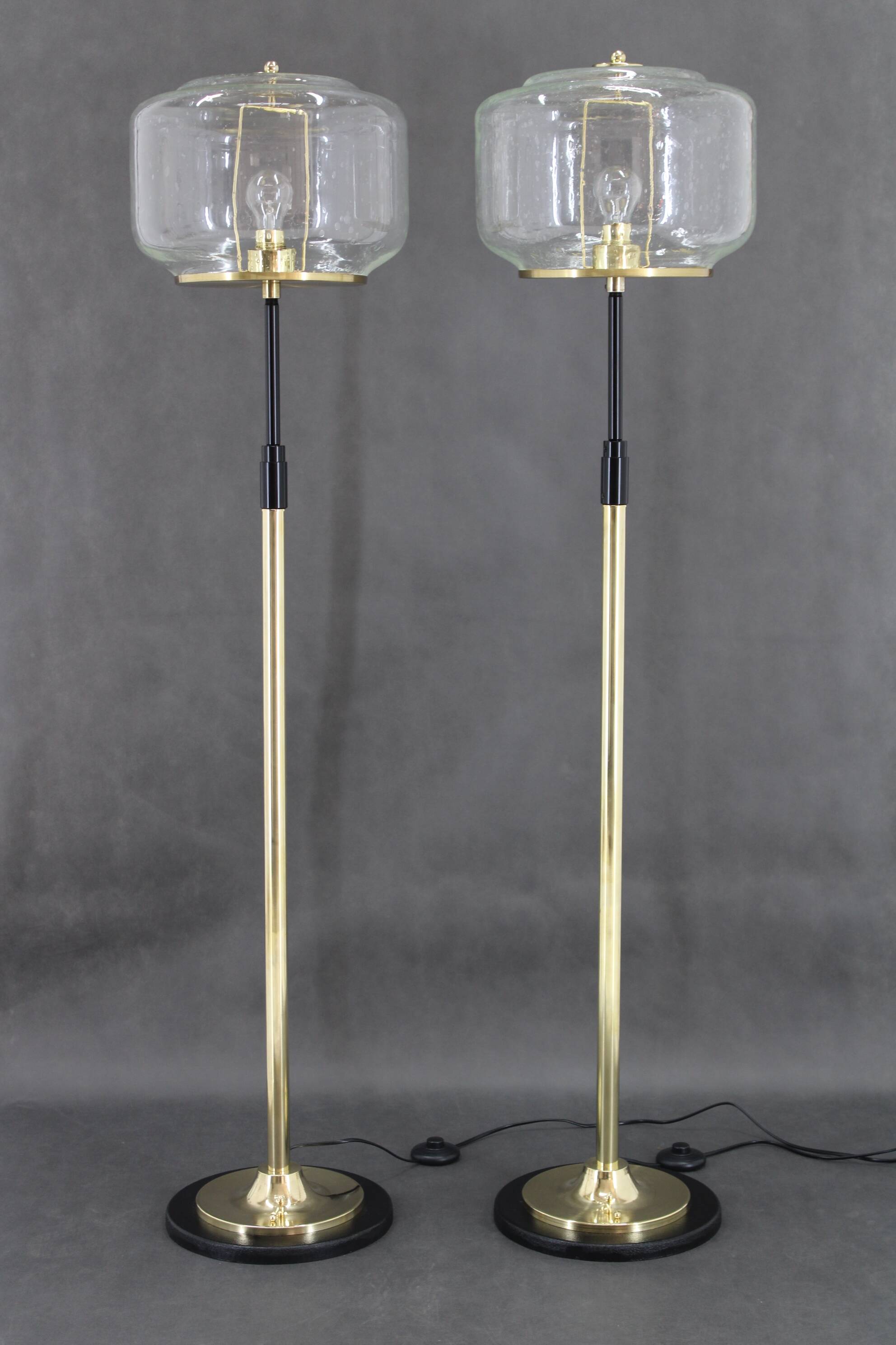 1970s Pair of Glass Brass Floor Lamps by Kamenicky Senov , Czechoslovakia