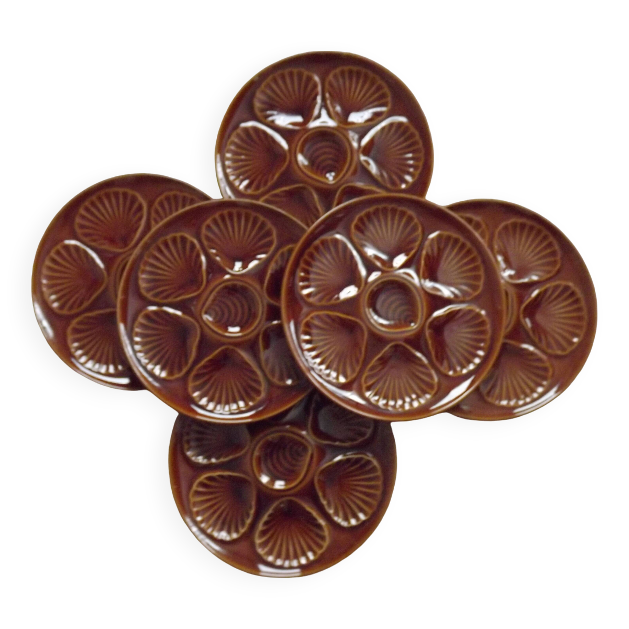Set of 6 brown majolica oyster plates for 6 oysters and lemon 4951