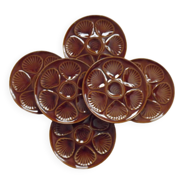 Set of 6 brown majolica oyster plates for 6 oysters and lemon 4951