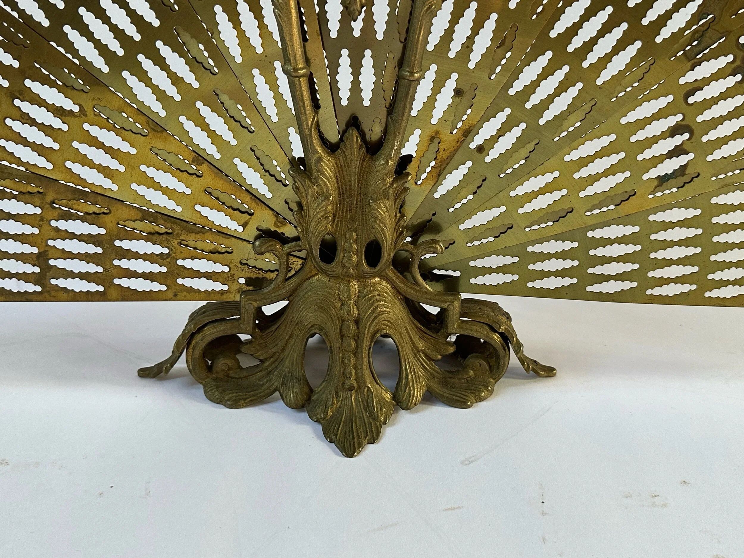 Vintage French brass fire screen, peacock design, 20th century.