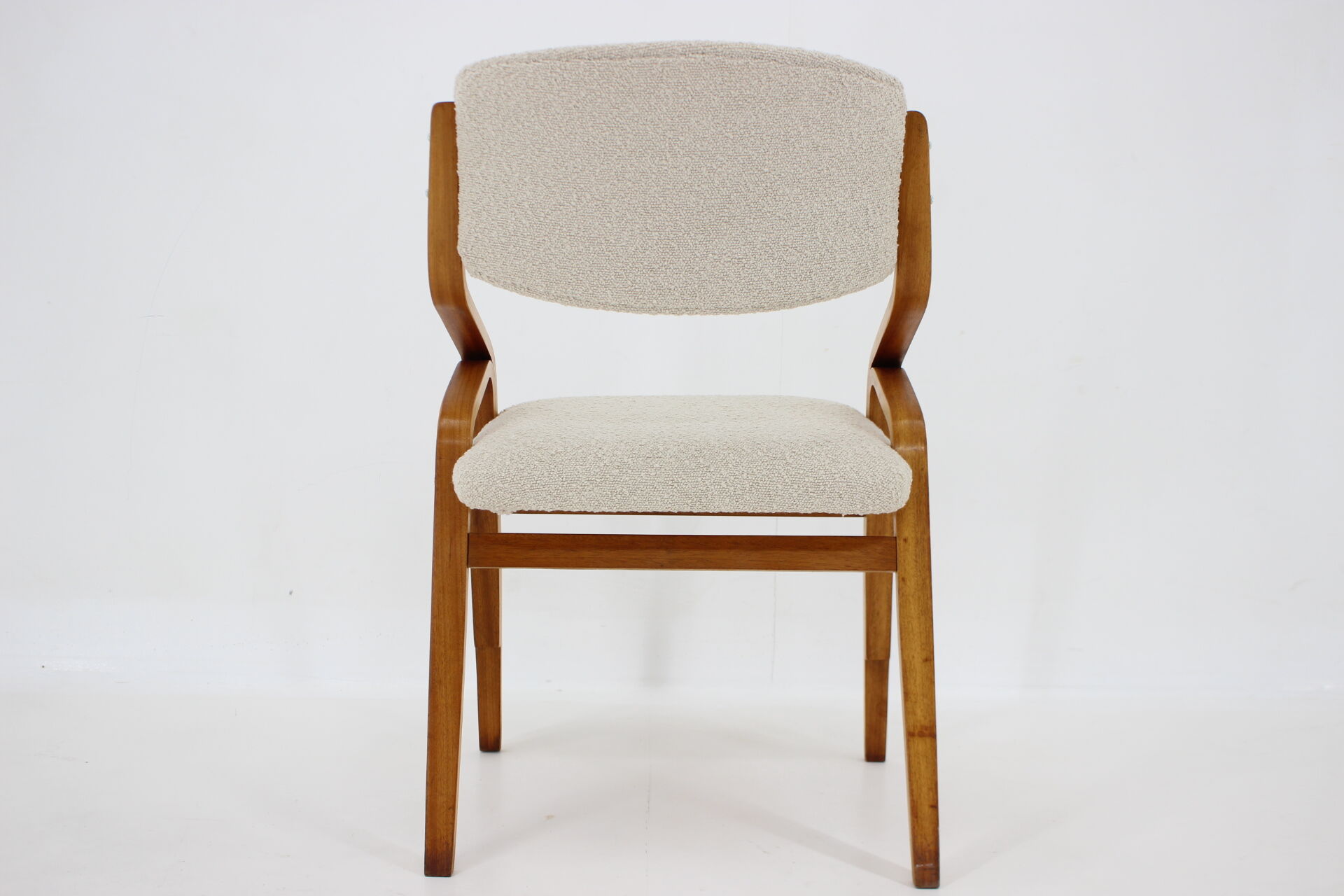 1970s ludvík volák four bentwood dining chairs in boucle fabric, czechoslovakia