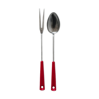 Stainless steel and red plastic serving cutlery