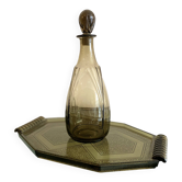 Vintage Art Deco set – smoked glass carafe and tray with handles