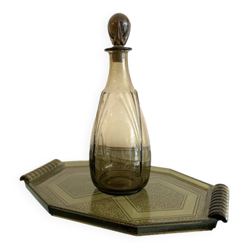 Ensemble vintage Art Déco – carafe en verre fumé et plateau à poignées