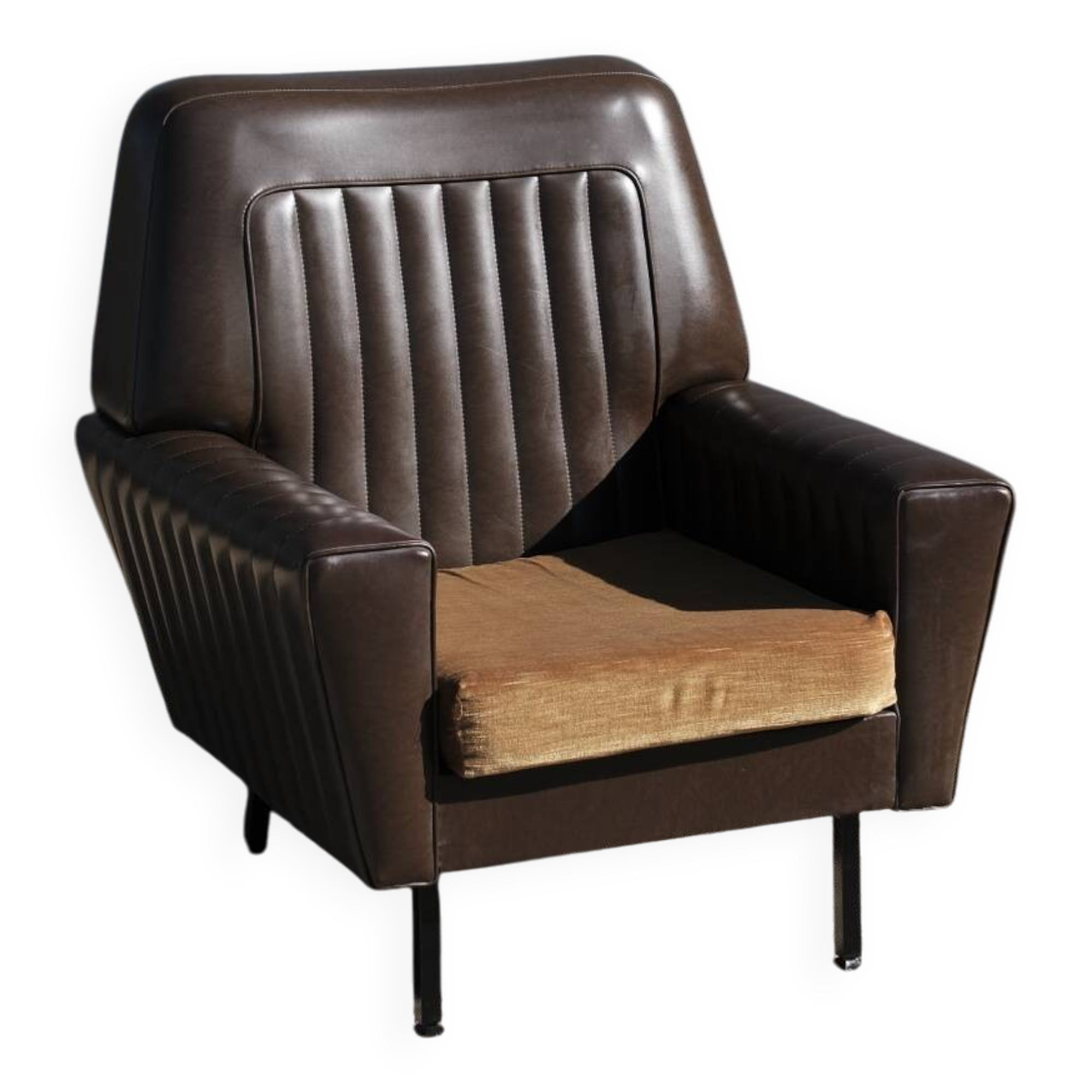 Vintage 60s armchair in brown skai and mustard fabric – restored