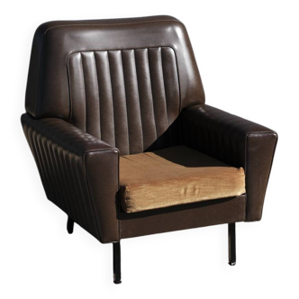 Vintage 60s armchair in brown skai and mustard fabric – restored