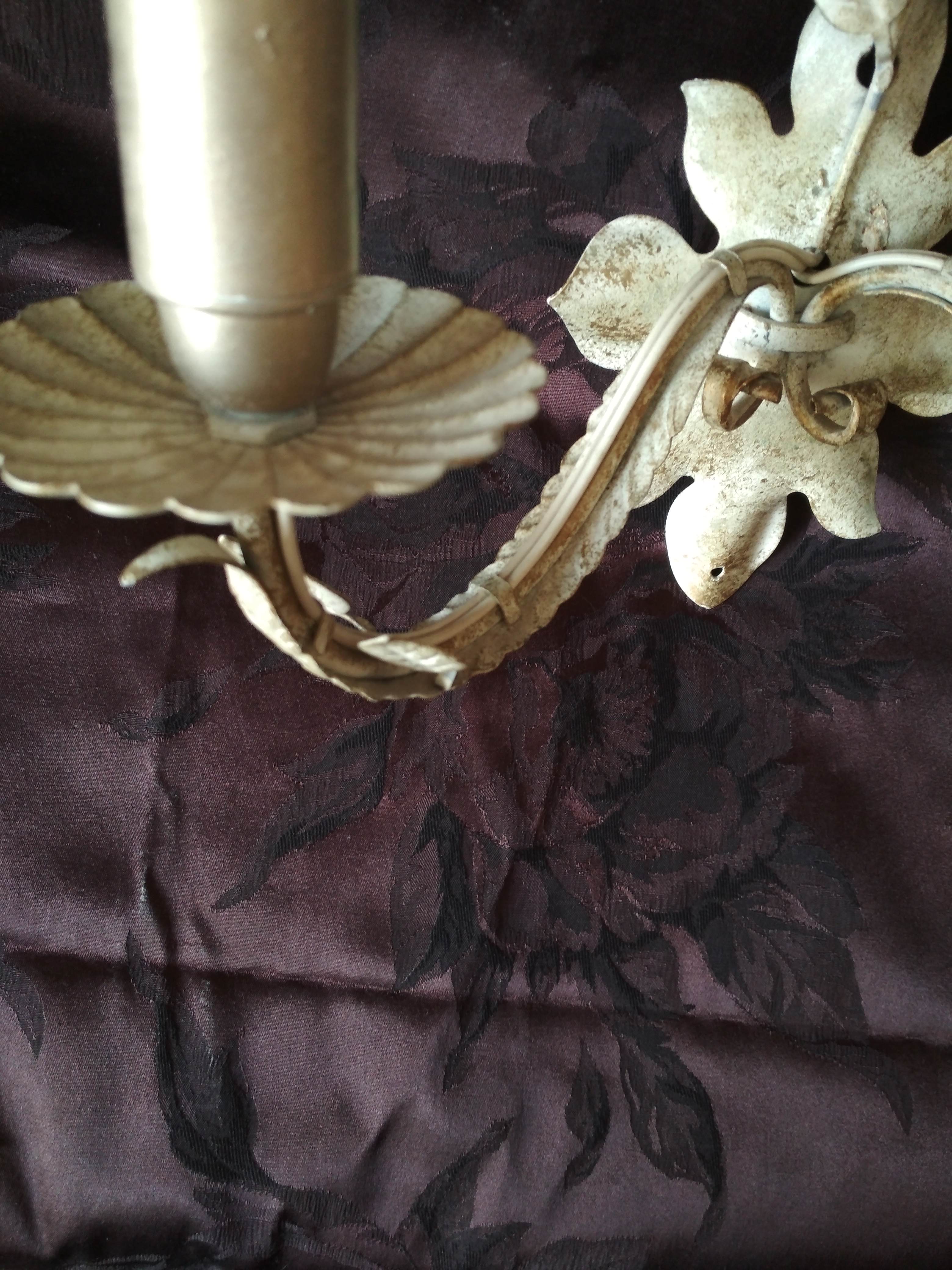 White glazed metal wall light with leaf and flower decor, 2 lights