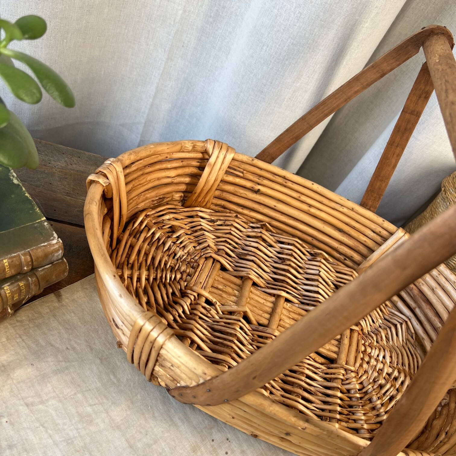 Wicker, bamboo and wood basket