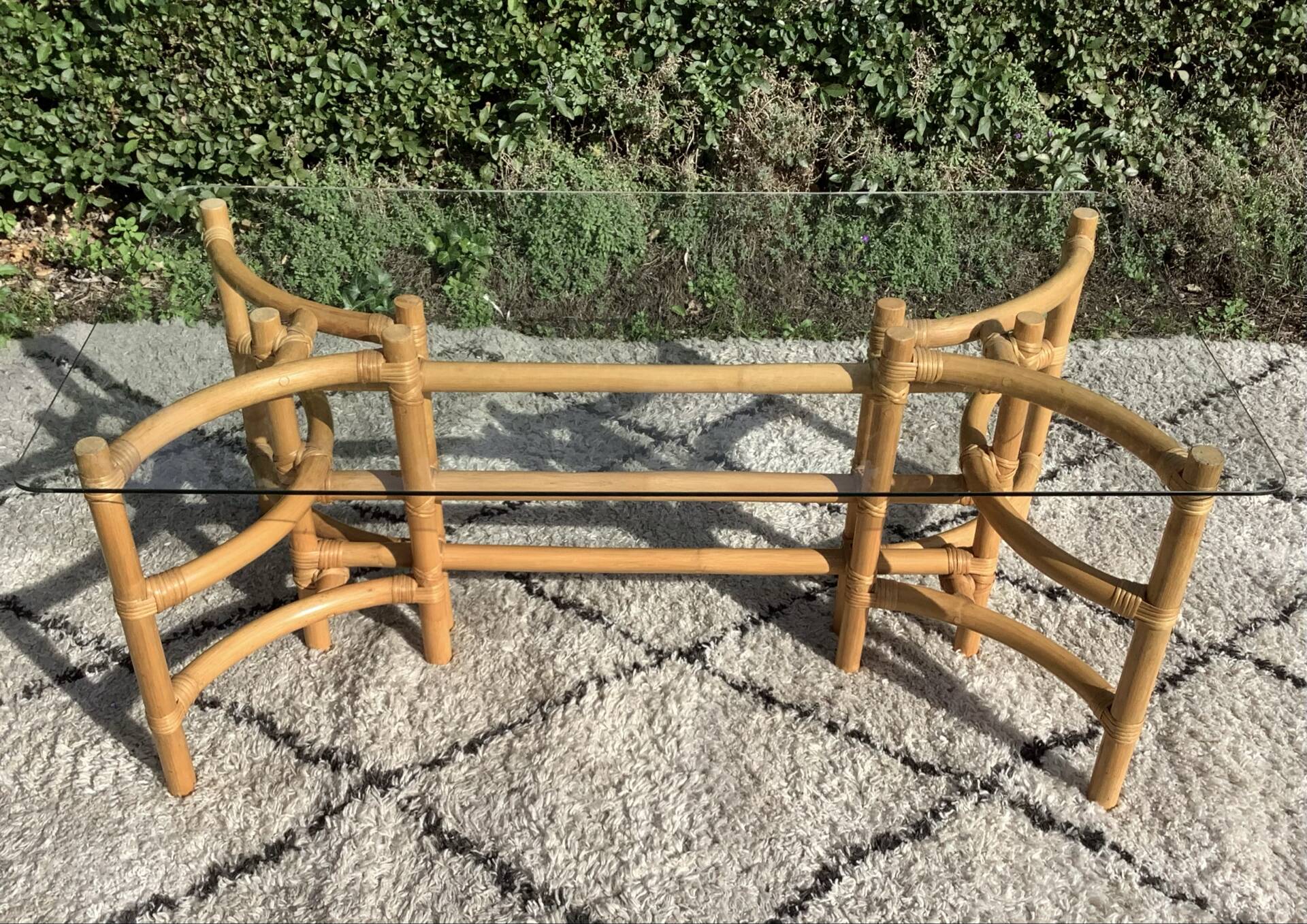 1970s rattan and glass coffee table