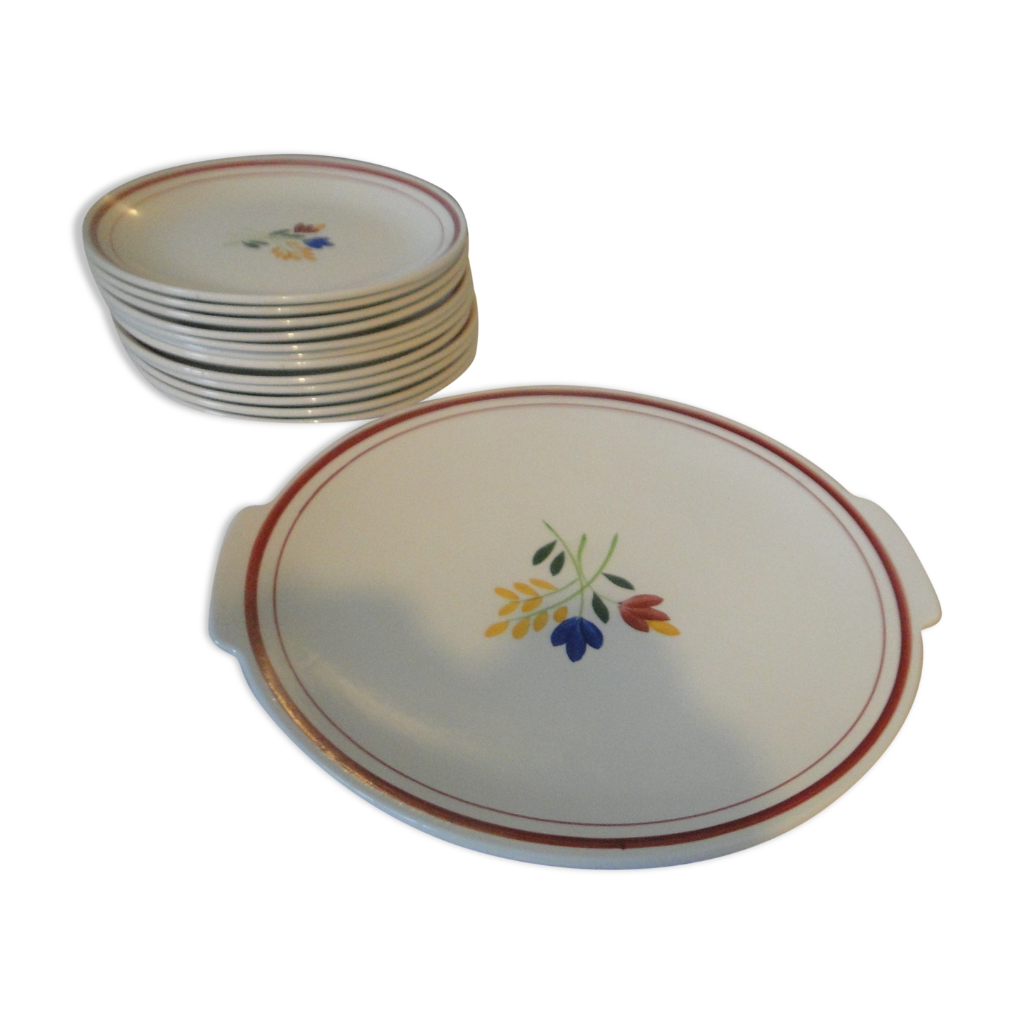 Dessert service Gien model jeannette painted a.la hand 1 dish 12 plates