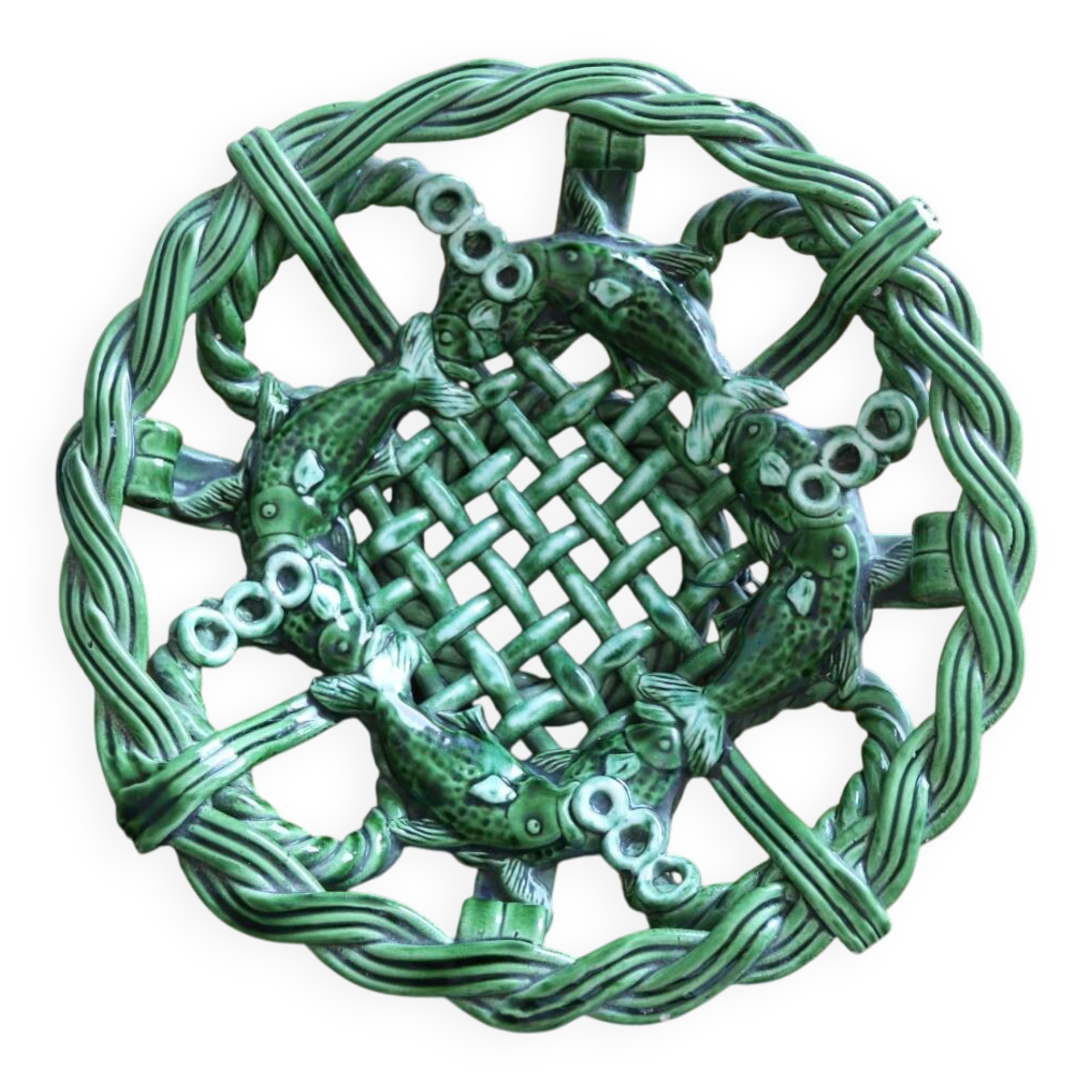Antique woven basket in green glazed ceramic, fish decoration