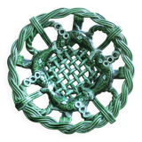 Antique woven basket in green glazed ceramic, fish decoration