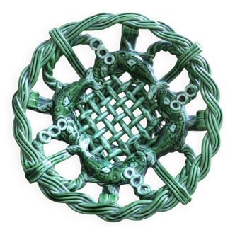Antique woven basket in green glazed ceramic, fish decoration