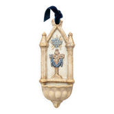 Antique holy water font in polychrome enamelled earthenware signed