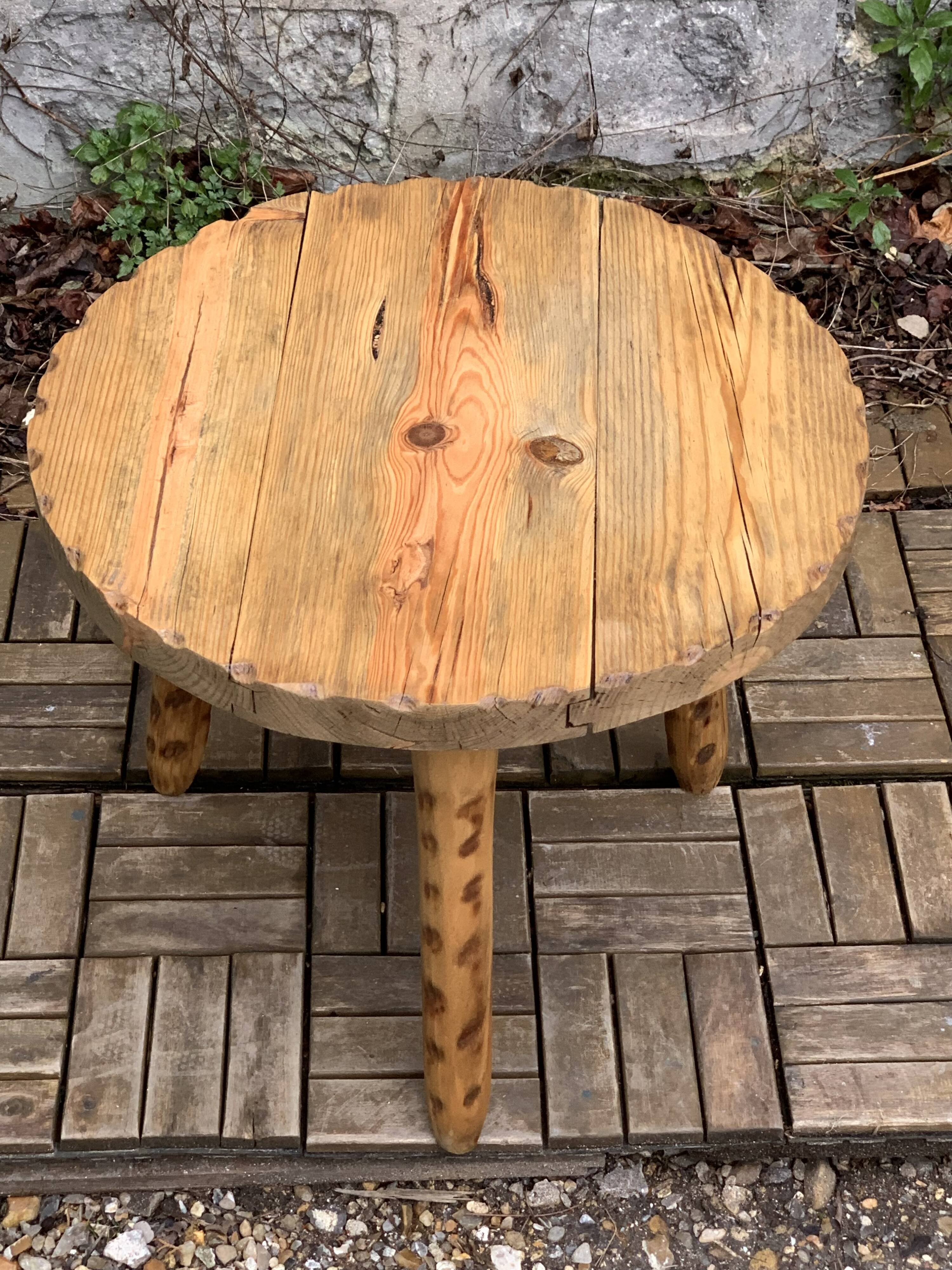 Solid pine tripod coffee table, raw, 1960