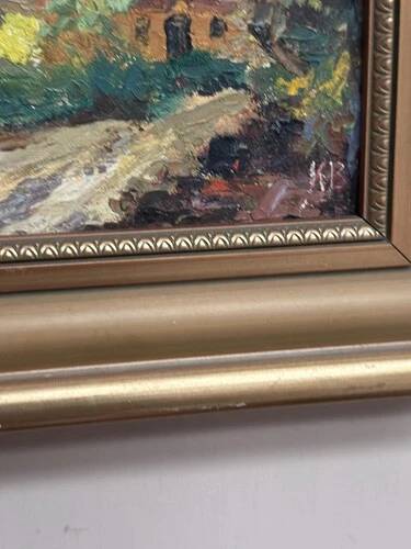 Huile sur panneau originale "Huts" par K.B, vintage et encadrée 30 × 25 cm