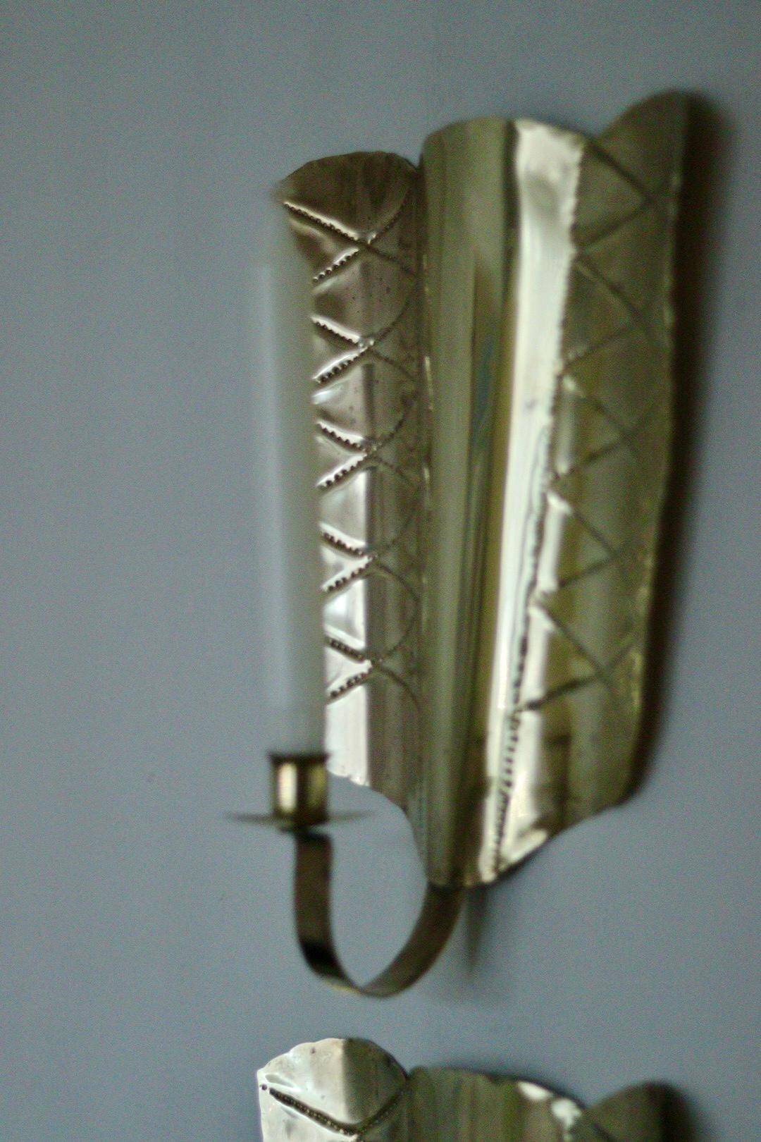 Pair of mid-century Swedish brass shield shape sconces