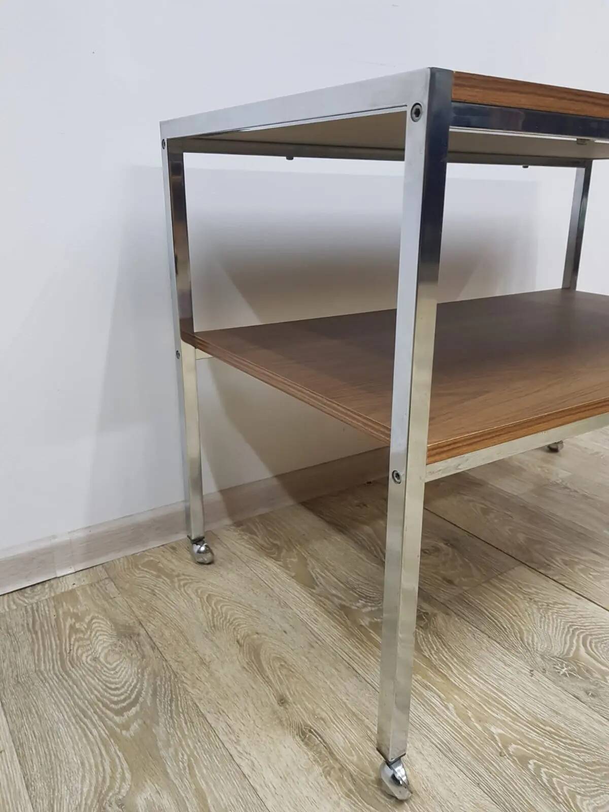 Mobile side table, brown, veneer, chrome-plated steel, Germany, 1970s.
