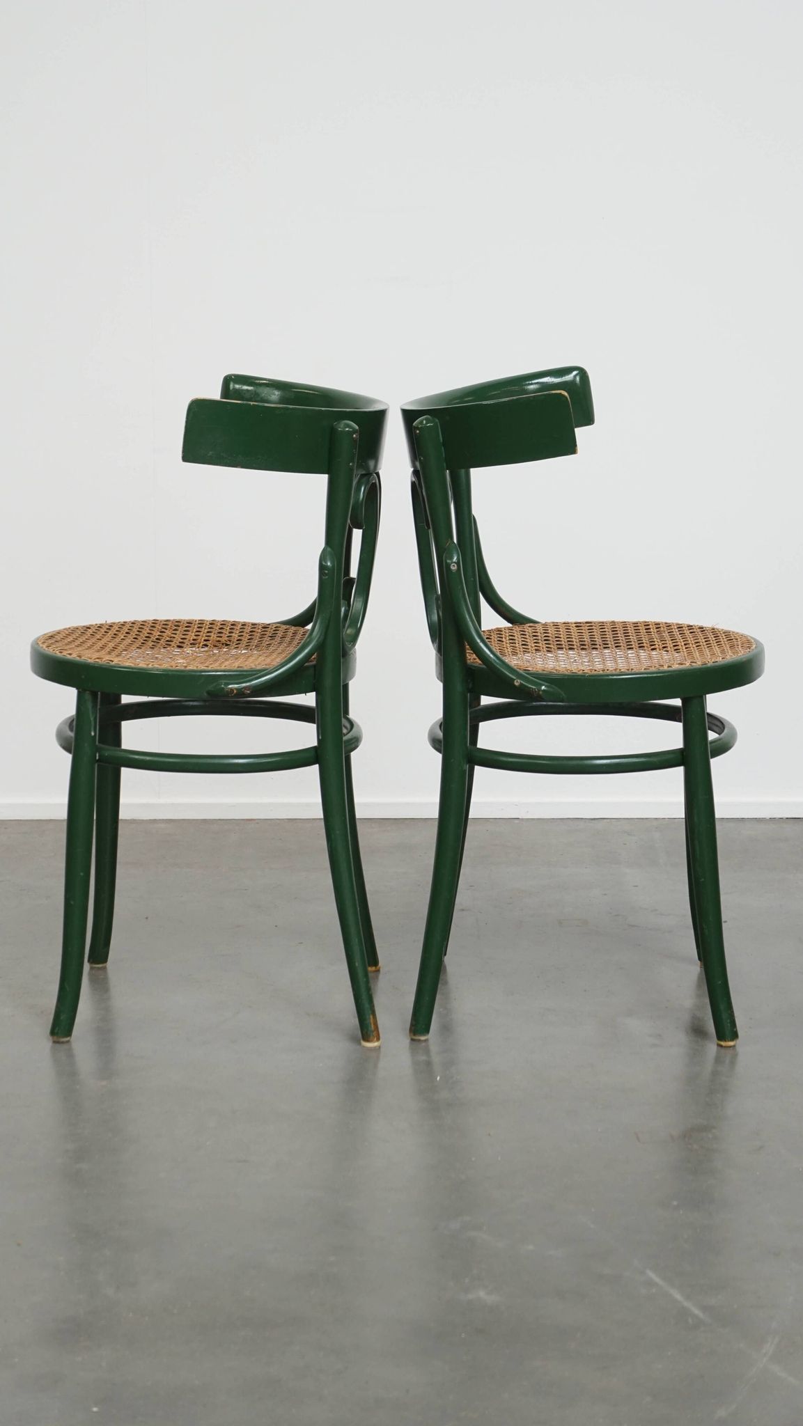 Set of 4 Green Vintage Bistro Chairs with Woven Rattan Seats