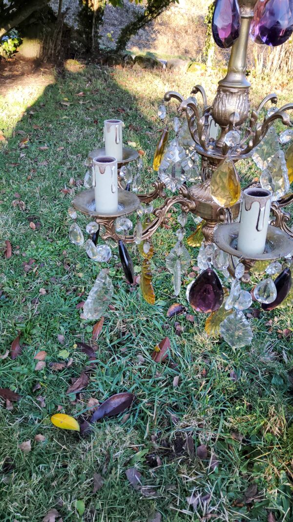 Lustre en bronze à pampilles de couleur ambre violet cristal 6 branches