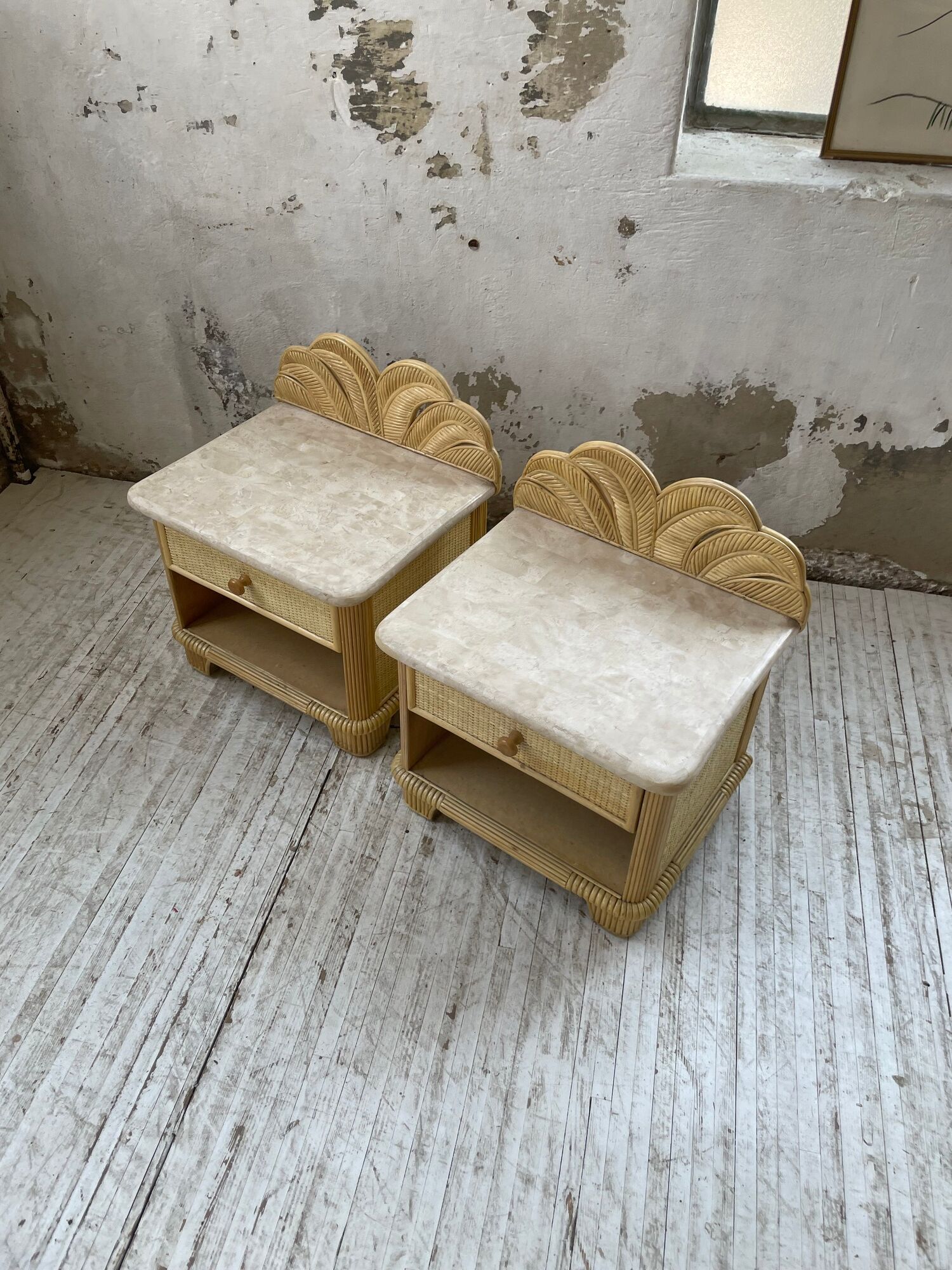 Pair of travertine bedside and rattan palm tree "vivai del sud"