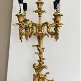 Pair of gilded bronze candlesticks, marble bases.