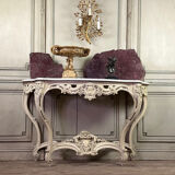 Console de style Louis XV patine beige, marbre de Carrare vers 1880