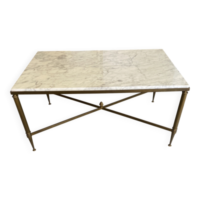 Table basse marbre blanc gris structure en métal laiton doré vintage 60s