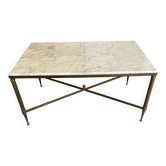 White grey marble coffee table with a vintage 60s golden brass metal structure.