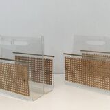 Pair of magazine racks in plexiglass, brass and inlaid caning in the style of Christian Dior and Gabriella Crespi