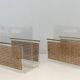 Pair of magazine racks in plexiglass, brass and inlaid caning in the style of Christian Dior and Gabriella Crespi