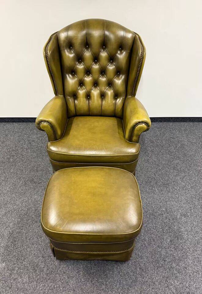 Original English Chesterfield Wingback Chair & Footstool -Retro Green