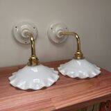 Pair: white opaline wall lights