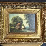Barbizon School 19th century - Oil on panel - Washerwoman mill landscape - 1870