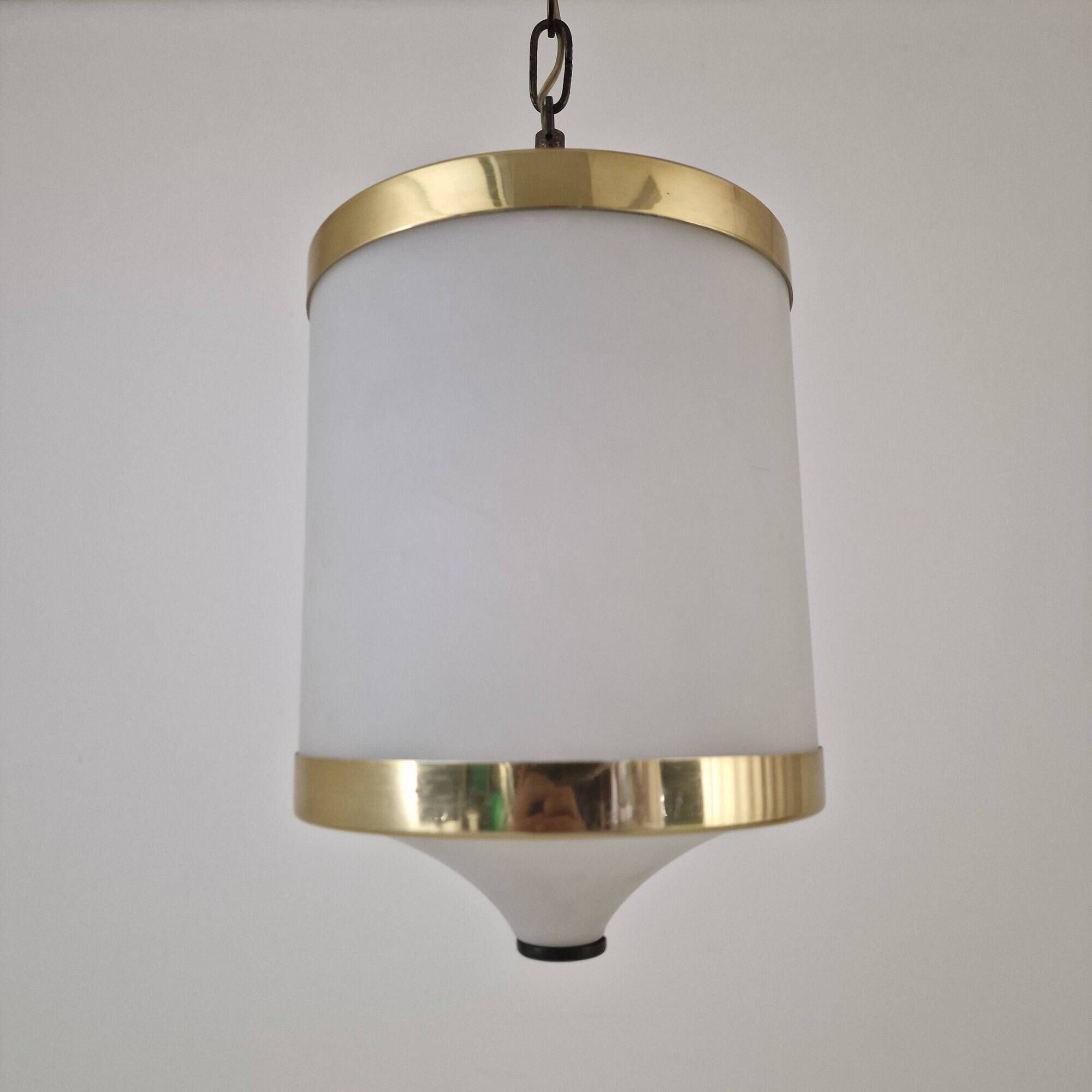 Mid-Century Italian Opaline Glass, Acrylic & Brass Pendant Light – 1960s