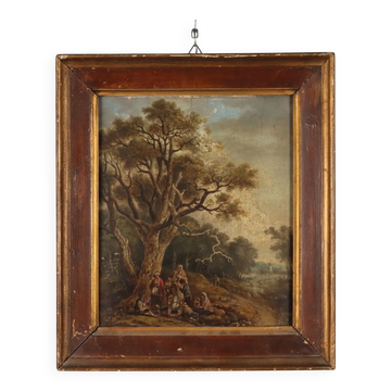 Ancient painting of a landscape with travellers, oil on panel, 1700s.