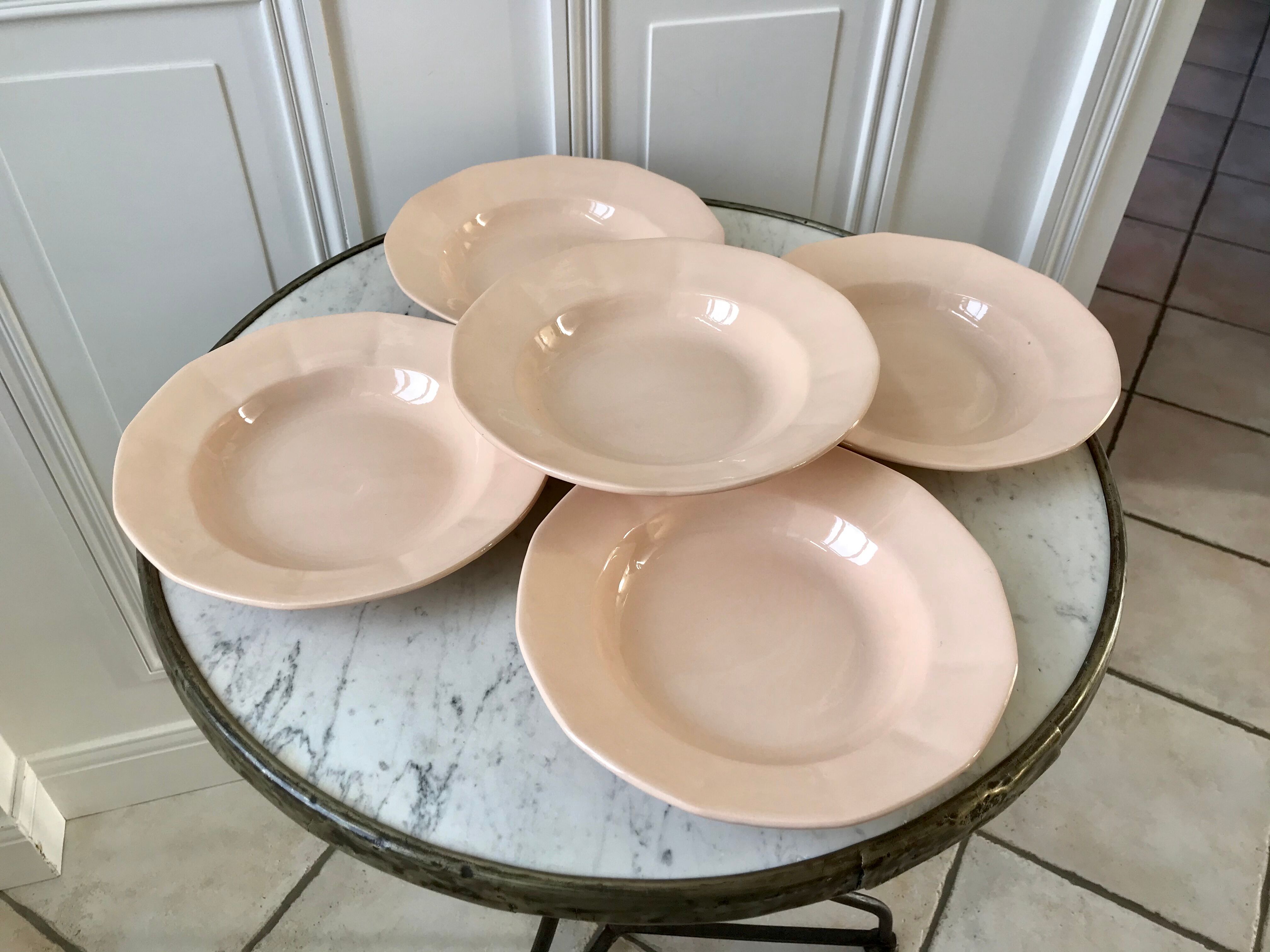 Set of 5 hollow plates Digoin Sarreguemines model France powder pink