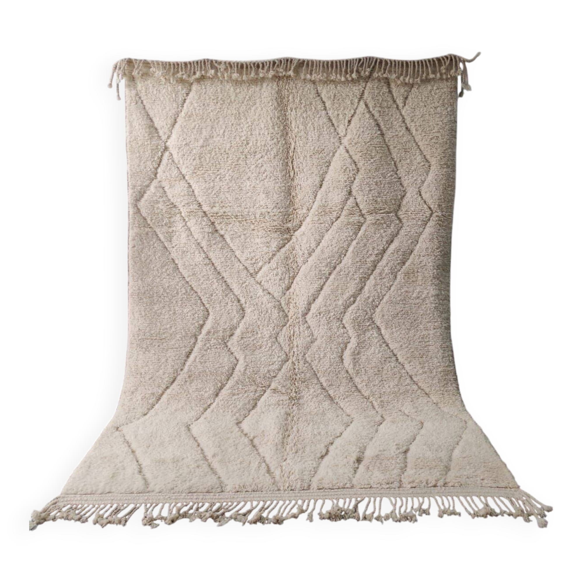 Large Ecru Beni Ouarain Rug, Chevron and Diamond Patterns - 208x300cm