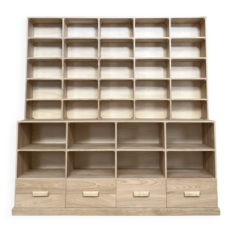 wooden bookcase 2 bodies 33 compartments 4 drawers with 2 satellites - solid ash
