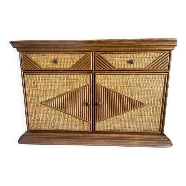 Buffet, commode vintage en rotin tressé style Riviera, années 70